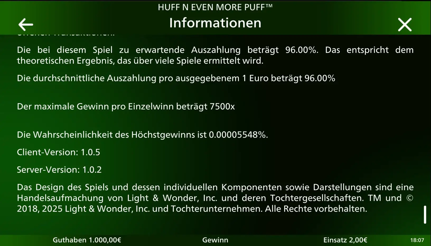 Informationsseite von Huff N’ Even More Puff: 96,00 Prozent RTP, 7500x Maximalgewinn, 0,00005548 Prozent Chance