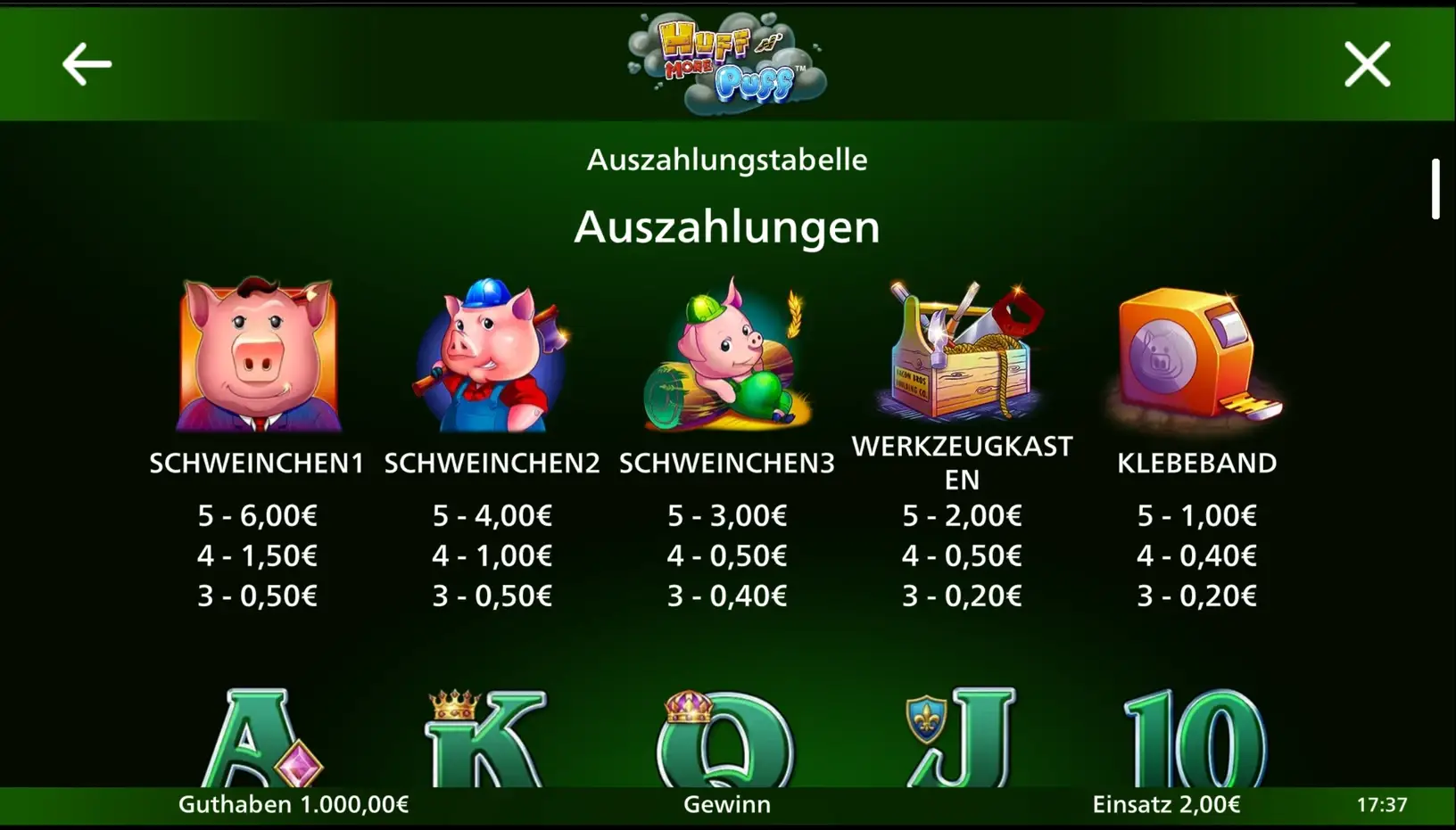 Auszahlungstabelle von Huff N’ More Puff mit den Werten für Schweinchen, Werkzeugkasten und Klebeband