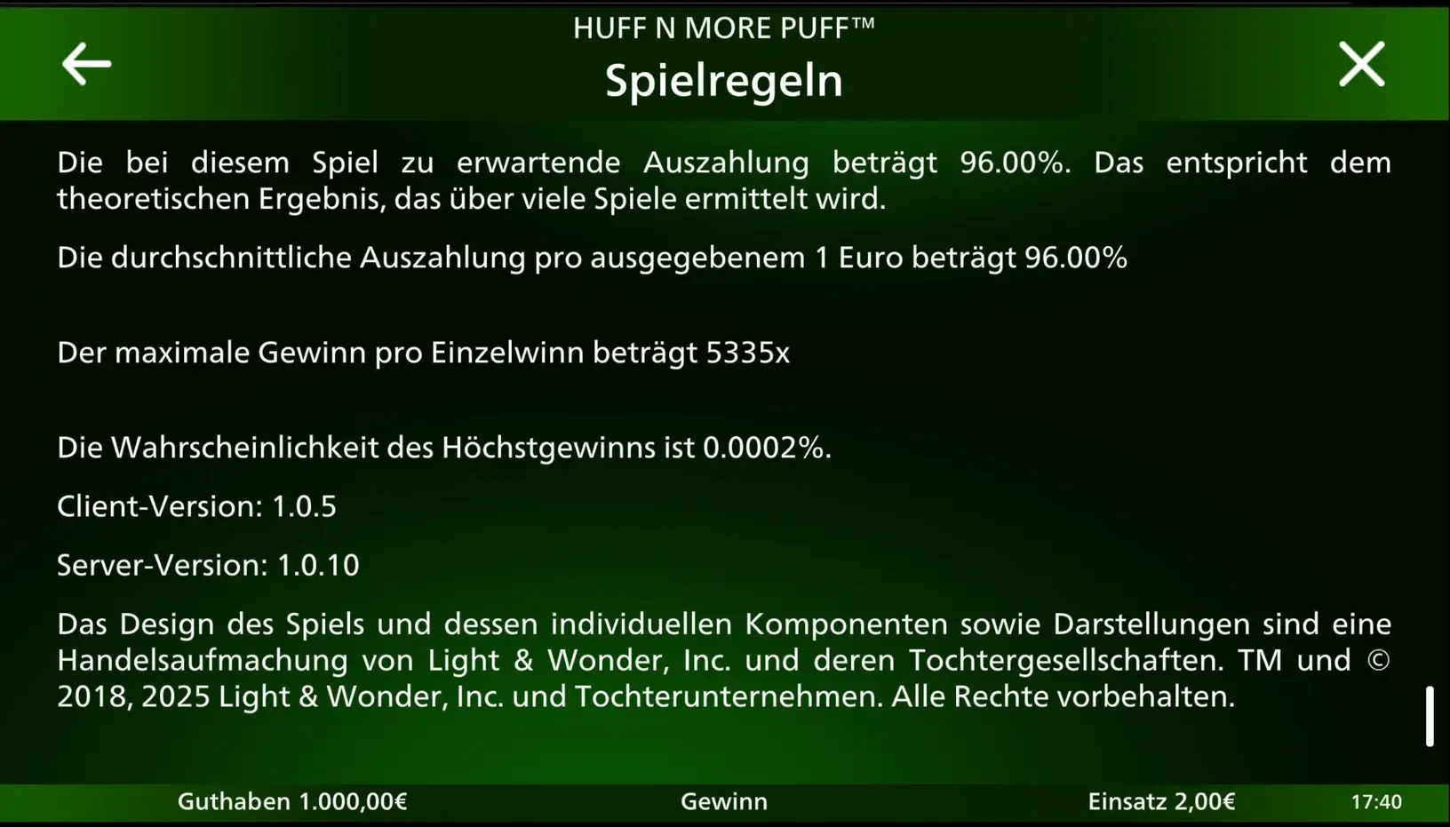 Informationsseite von Huff N’ More Puff mit der Angabe 96,00 Prozent erwartete Auszahlung und 5335x Maximalgewinn