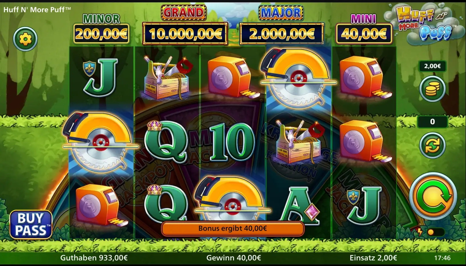 Gewinnanzeige bei Huff N’ More Puff: Bonus ergibt 40,00 Euro nach dem Mini-Jackpot am Rad