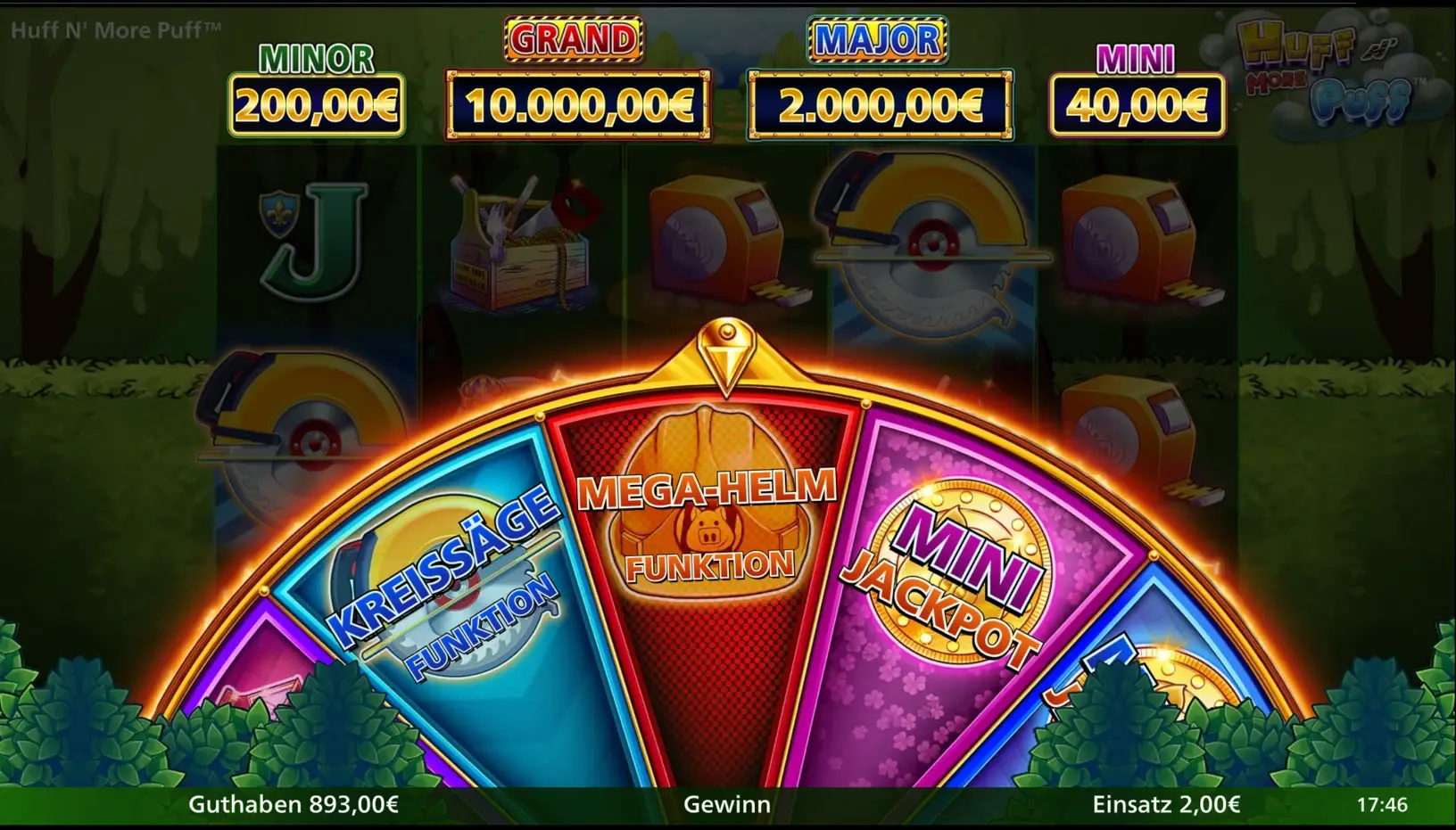 Das Rad von Huff N’ More Puff mit den Sektoren Kreissäge-Funktion, Mega-Helm-Funktion und Mini-Jackpot