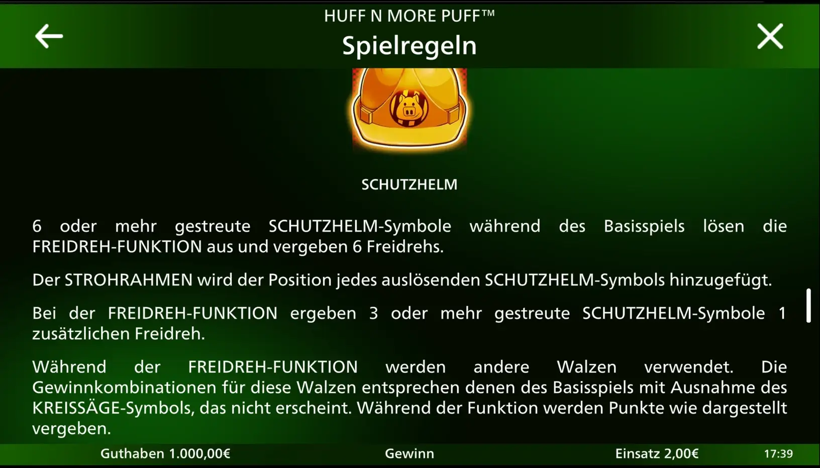 Spielregeln von Huff N’ More Puff zum Schutzhelm: sechs oder mehr lösen die Freidreh-Funktion mit sechs Freidrehs aus