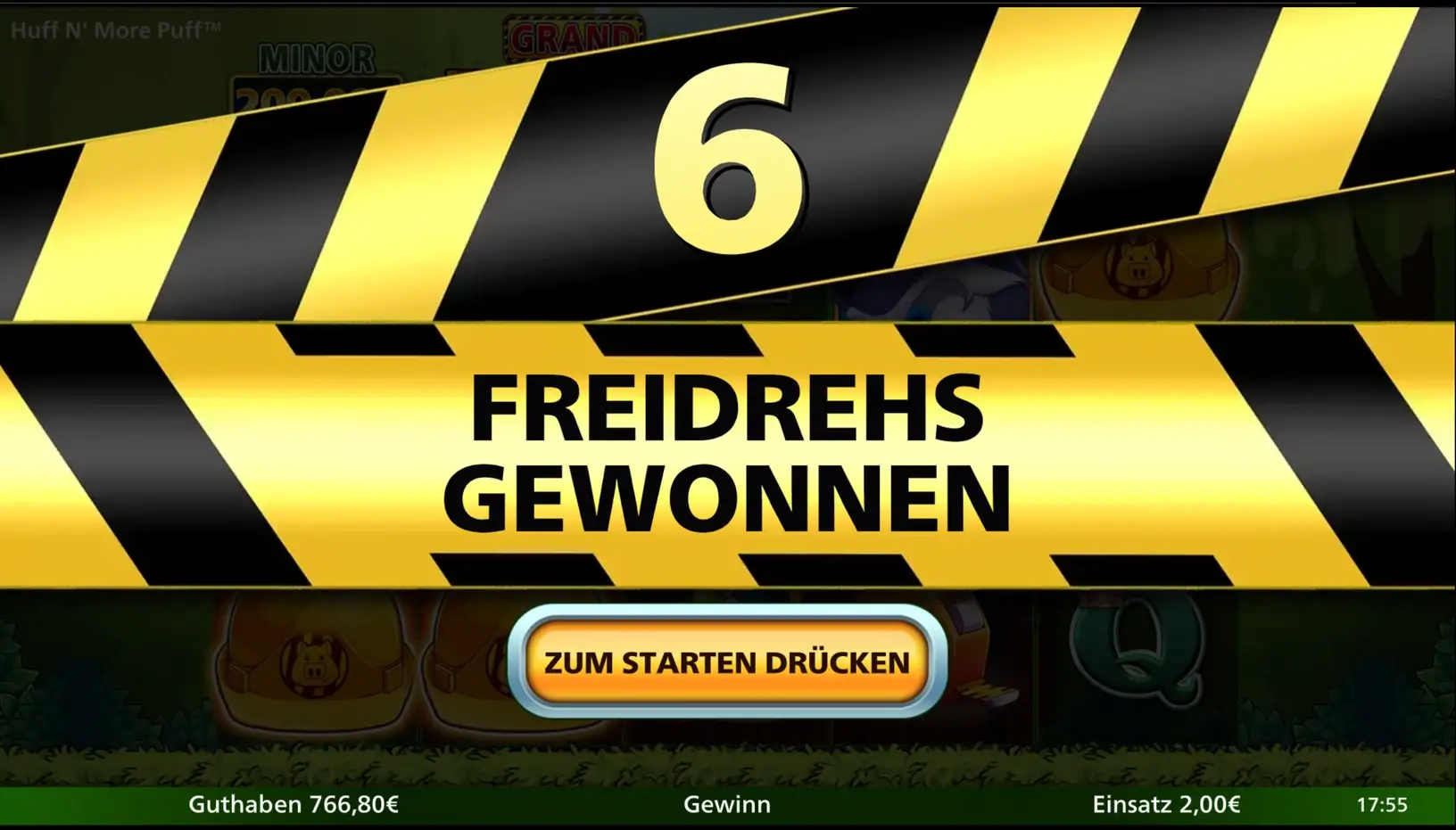 Einblendung im Spiel: sechs Freidrehs gewonnen, mit Warnband im Hintergrund