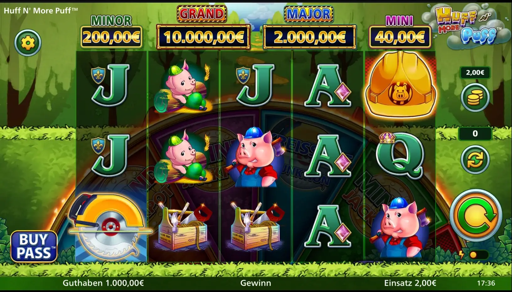 Das Grundspiel von Huff N’ More Puff: fünf Walzen mit Schweinchen, Werkzeugkasten und Kartensymbolen, darüber die vier Jackpotzähler